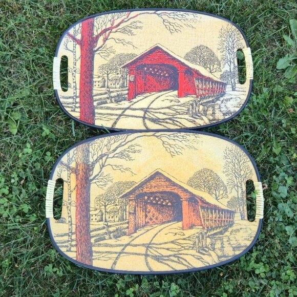 Mid Century Modern Covered Bridge art Fiberboard Serving  Vintage Tray TV tray - Picture 2 of 8